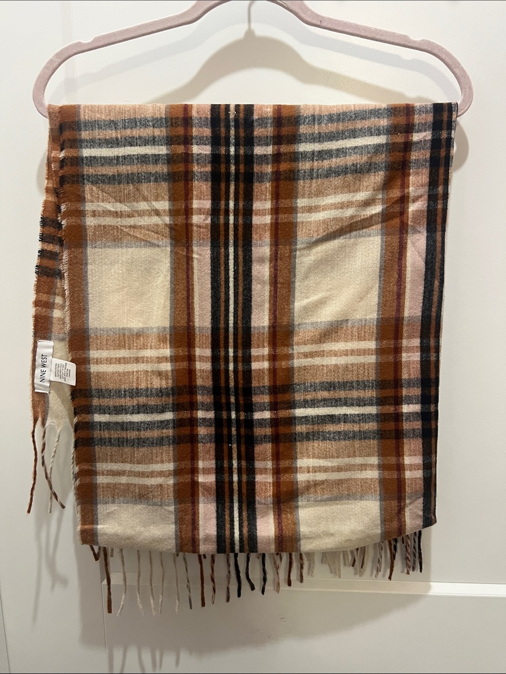 Plaid Fringe Scarf- Brown and Cream